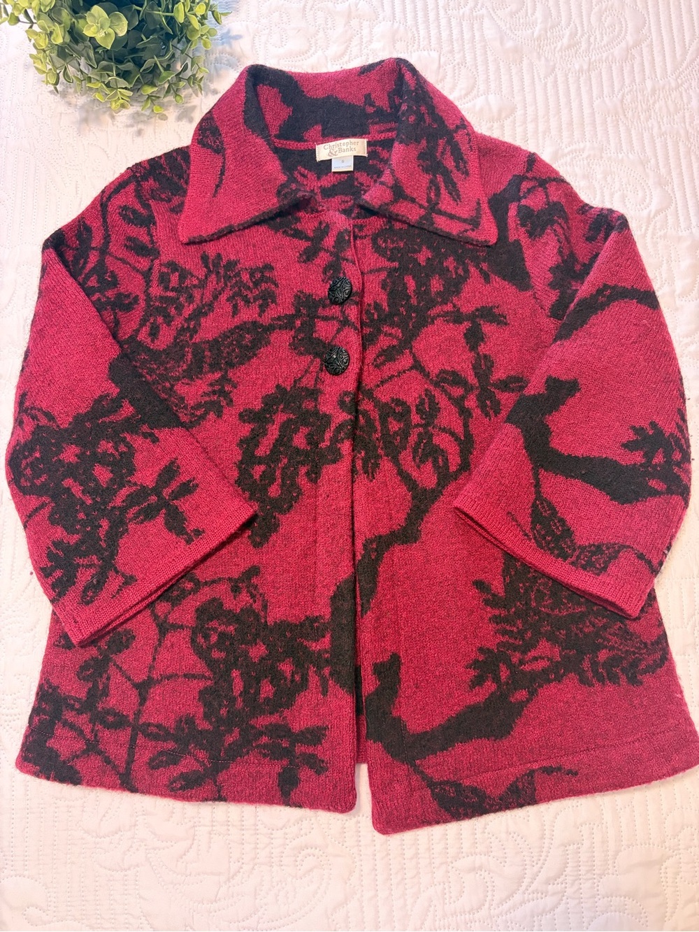Christopher & Banks Red and Black Floral Knit Cardigan